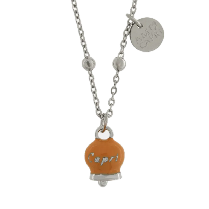 Amo Capri - Collana in Acciaio con Campanella Portafortuna Capri Roccia Dorata  - Color Caramel