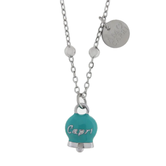Amo Capri - Collana in Acciaio con Campanella Portafortuna Capri - Colore  Turchese