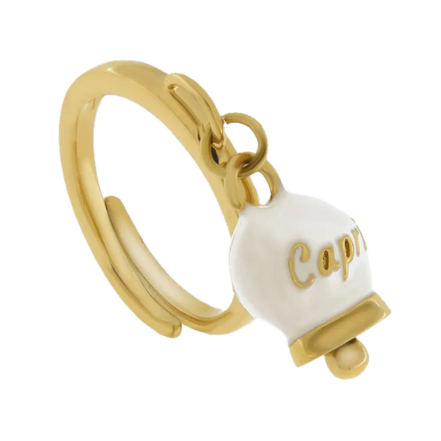 amo capri - Anello in Acciaio con campanella pendente bianca e oro con scritta Capri