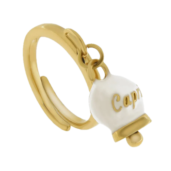 amo capri - Anello in Acciaio con campanella pendente bianca e oro con scritta Capri