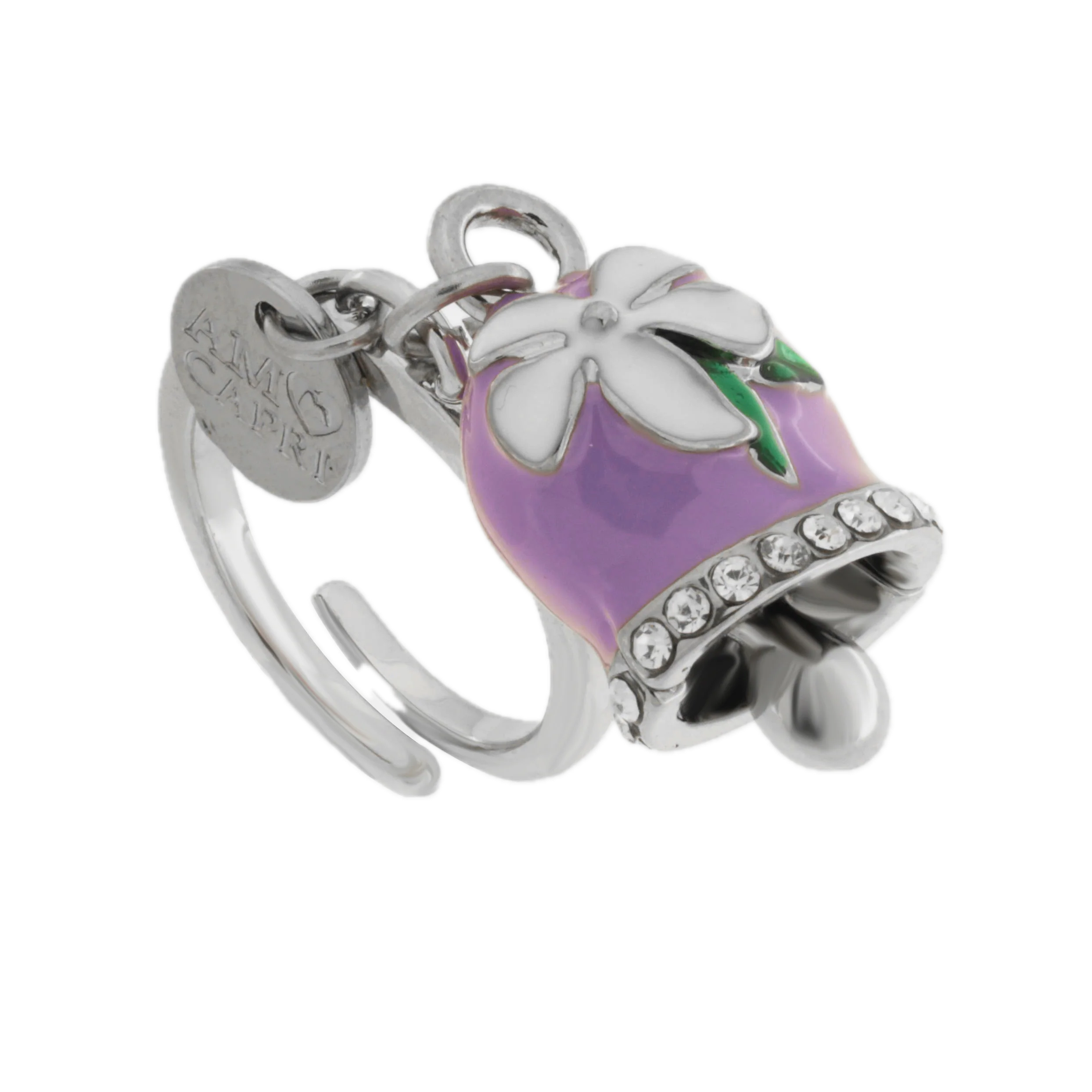 amo capri - Anello in Acciaio campanella Capri viola con fiore bianco