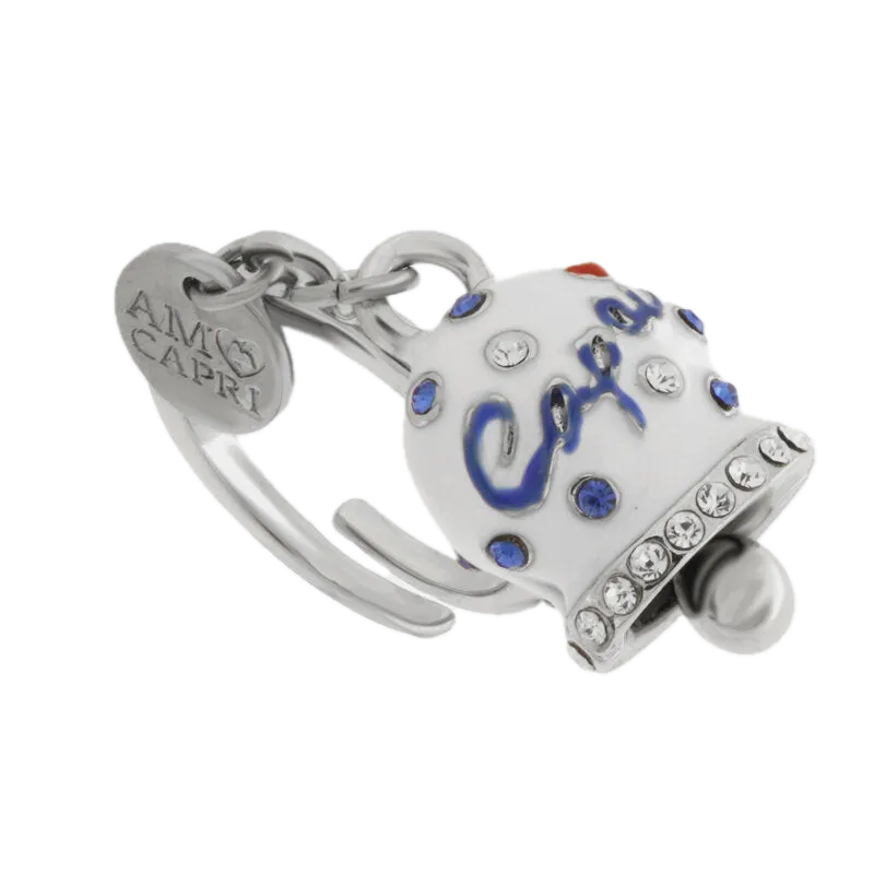 amo capri - Anello in Acciaio campanella Capri bianca con pois blu