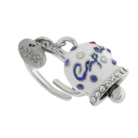 amo capri - Anello in Acciaio campanella Capri bianca con pois blu