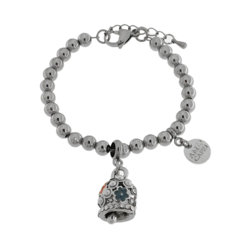 amo capri - Bracciale in Acciaio campanella con perle e fiori rossi e blu