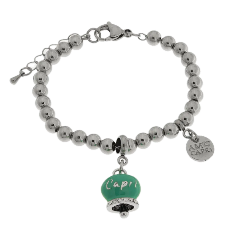amo capri - Bracciale in Acciaio campanella verde acqua con scritta Capri e zirconi