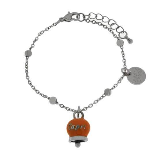 Amo Capri - Bracciale in Acciaio con Campanella Portafortuna Estate Mediterranea di Capri - Colore Ammanst Orange