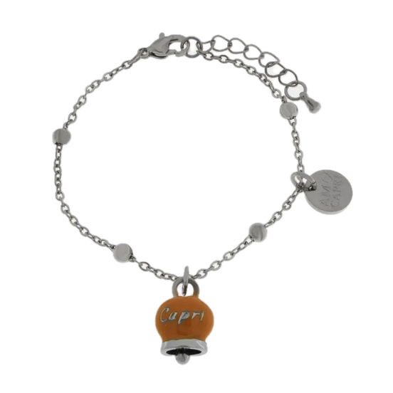 Amo Capri - Bracciale in Acciaio con Campanella Portafortuna Roccia Dorata di Capri - Colore Caramel