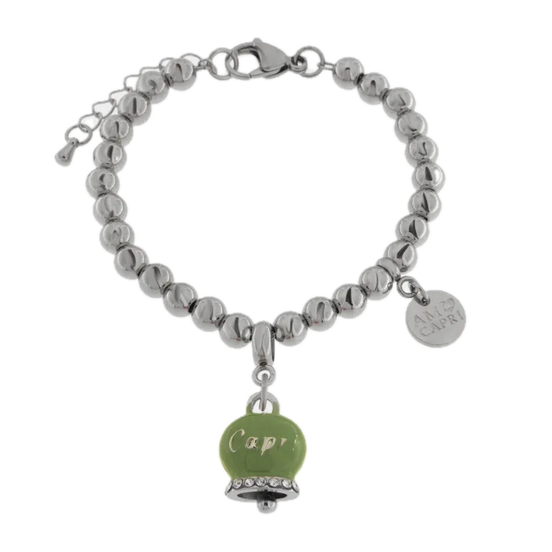 Amo Capri - Bracciale in Acciaio con Campanella Portafortuna Capri - Colore Verde Menta