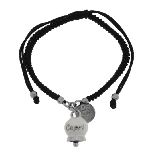 Amo Capri - Bracciale in Acciaio Cordino nero e Campanella Portafortuna Capri - Colore Bianca