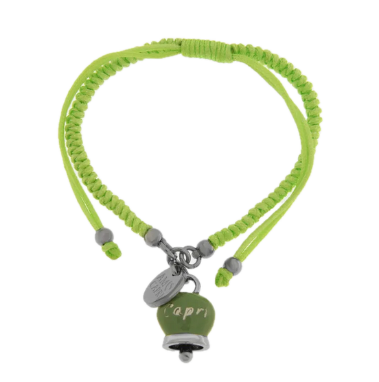 Amo Capri - Bracciale in Acciaio Cordino verde e Campanella Portafortuna Capri - Colore Verde Menta
