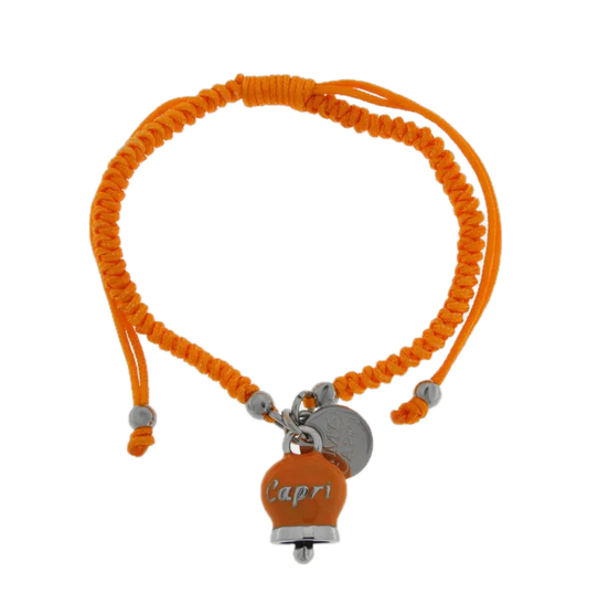 Amo Capri - Bracciale in Acciaio con Campanella Portafortuna Estate Mediterranea di Capri - Colore Ammanst Orange