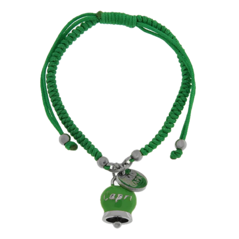 Amo Capri - Bracciale in Acciaio Cordino Verde e Campanella Portafortuna verde Capri