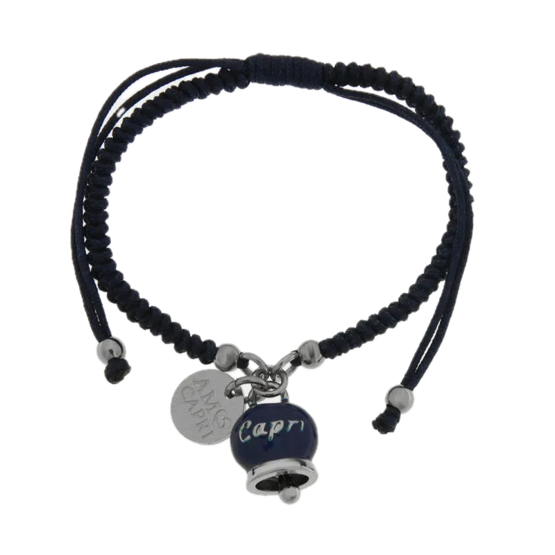 Amo Capri - Bracciale in Acciaio Cordino Blu e Campanella Portafortuna blu Mare di Capri