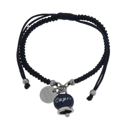 Amo Capri - Bracciale in Acciaio Cordino Blu e Campanella Portafortuna blu Mare di Capri