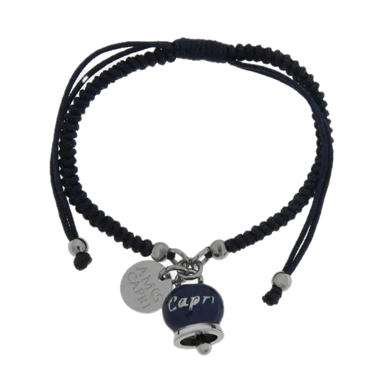 Amo Capri - Bracciale in Acciaio Cordino Blu e Campanella Portafortuna blu Mare di Capri
