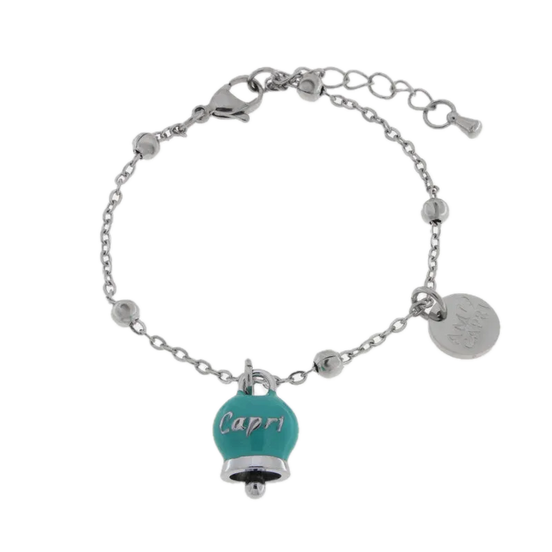 Amo Capri - Bracciale in Acciaio Campanella Portafortuna Capri - Colore Turchese