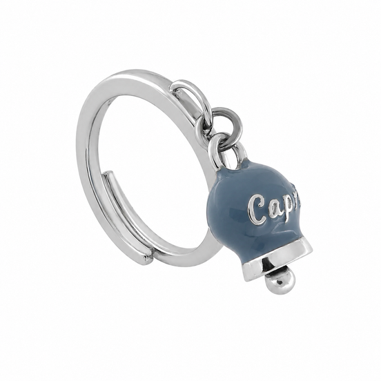 AMO CAPRI - Anello in Acciaio con campanella pendente blu cobalto con scritta Capri