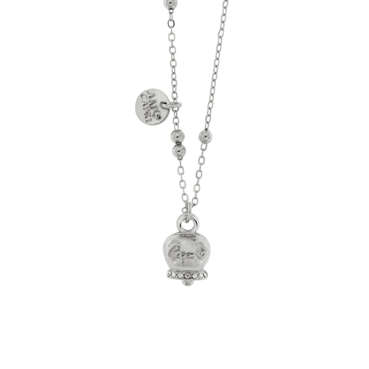 Amo Capri - Collana in Metallo con campanella portafortuna pendente impreziosita da cristalli bianchi e scirtta Capri a rilievo