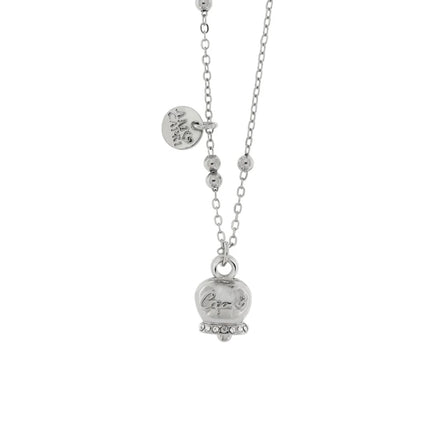 Amo Capri - Collana in Metallo con campanella portafortuna pendente impreziosita da cristalli bianchi e scirtta Capri a rilievo