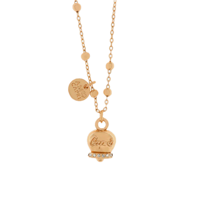 amo CAPRI -  Collana in Metallo con campanella portafortuna pendente impreziosita da cristalli bianchi e scirtta Capri a rilievo