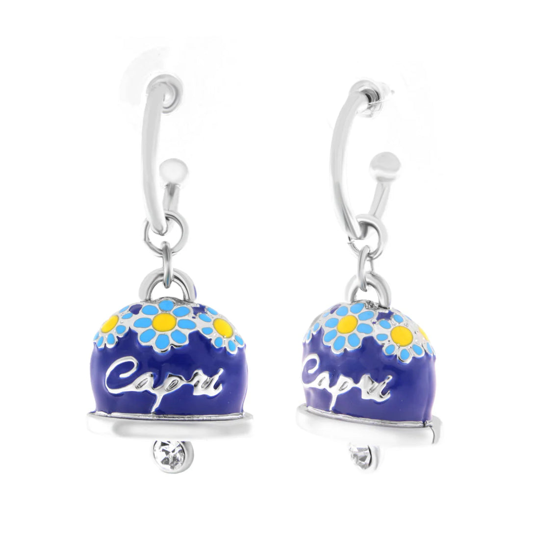 Amo Capri - Orecchini in Metallo a cerchio con campanella blu impreziosita da margherite e scritta capri