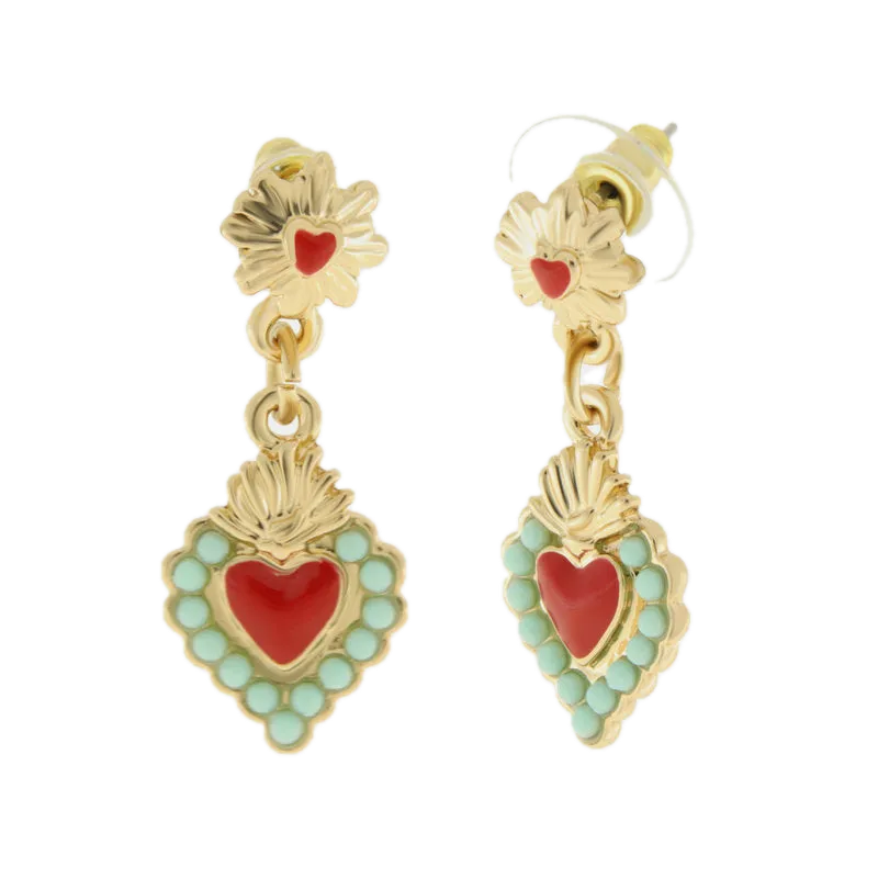 AMO NAPOLI - Orecchini in Metallo con cuore sacro pendente rosso e contorno verde
