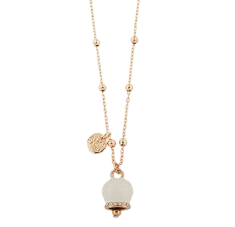 Amo Capri - Collana in Metallo con campanella portafortuna pendente, impreziosita da smalto bianco e cristalli