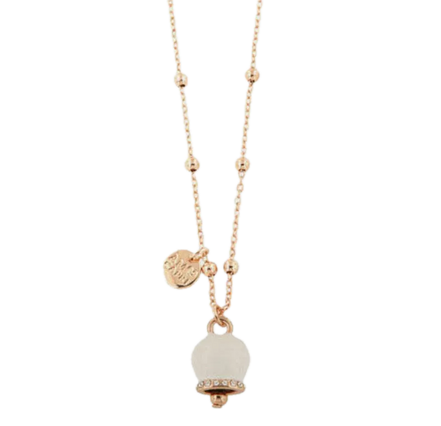 Amo Capri - Collana in Metallo con campanella portafortuna pendente, impreziosita da smalto bianco e cristalli