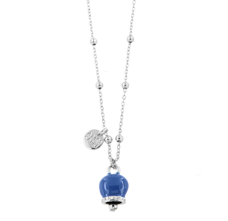 Amo Capri - Collana in Metallo con campanella portafortuna pendente, impreziosita da smalto blu e cristalli
