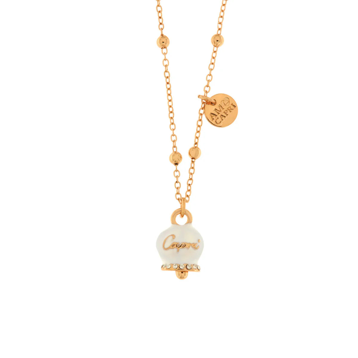 Amo Capri - Collana in Metallo con campanella portafortuna pendente impreziosita da smalto bianco e cristalli