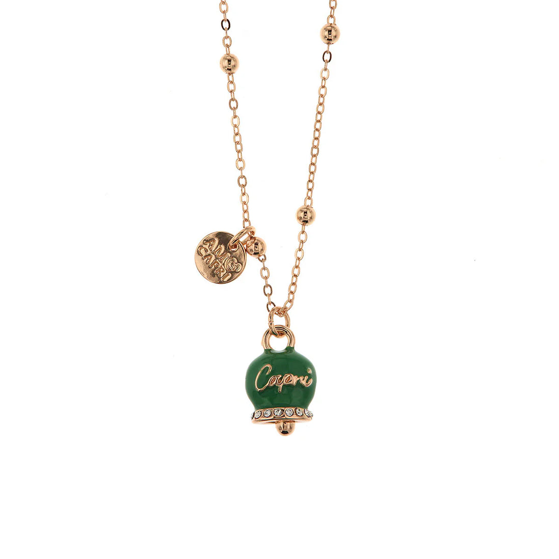 Amo Capri - Collana in Metallo maglia a pallini con campanella verde e scritta Capri