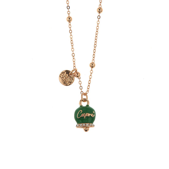 Amo Capri - Collana in Metallo maglia a pallini con campanella verde e scritta Capri