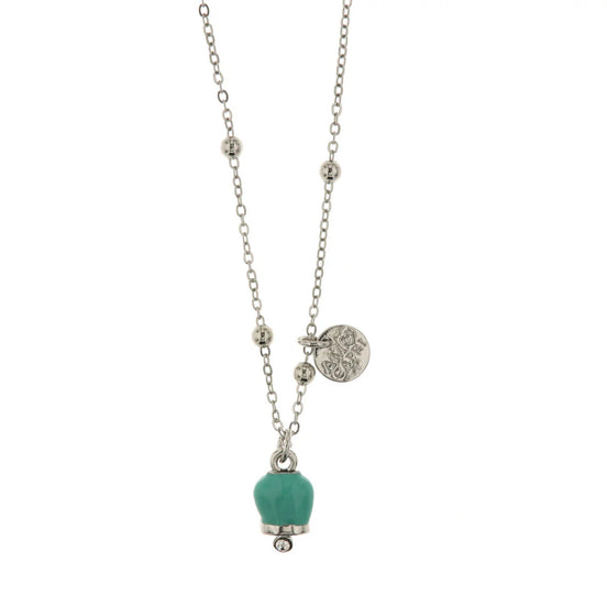 Amo Capri - Collana in Metallo con campanella portafortuna pendente verde acqua, impreziosita da punto luce
