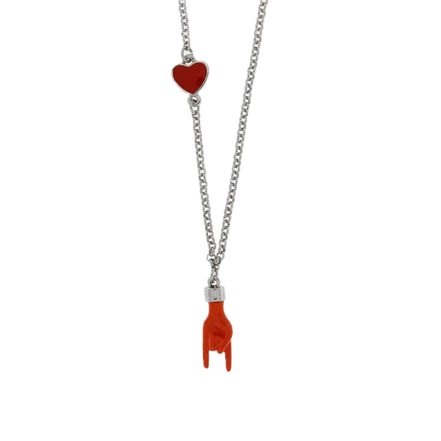 AMO NAPOLI - Collana in Metallo con pendente a forma di corna porta fortuna e cuore rosso