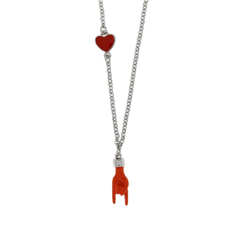 AMO NAPOLI - Collana in Metallo con pendente a forma di corna porta fortuna e cuore rosso