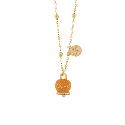Amo Capri - Collana in Metallo campanella portafortuna in smalto arancione, con scritta Capri a rilievo e cristalli bianchi