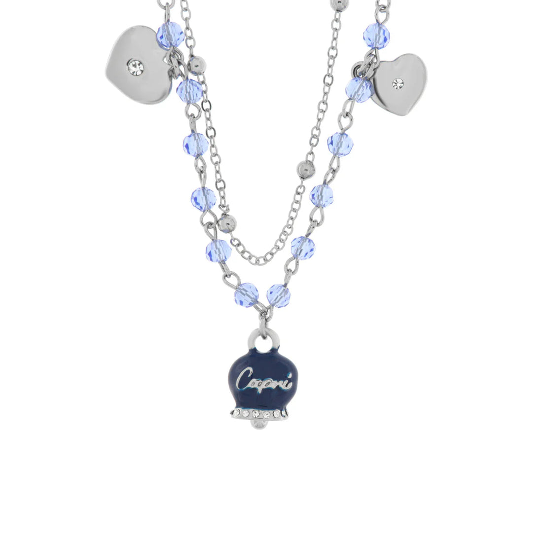 Amo Capri - Collana in Metallo con campanella smaltata blu e perline