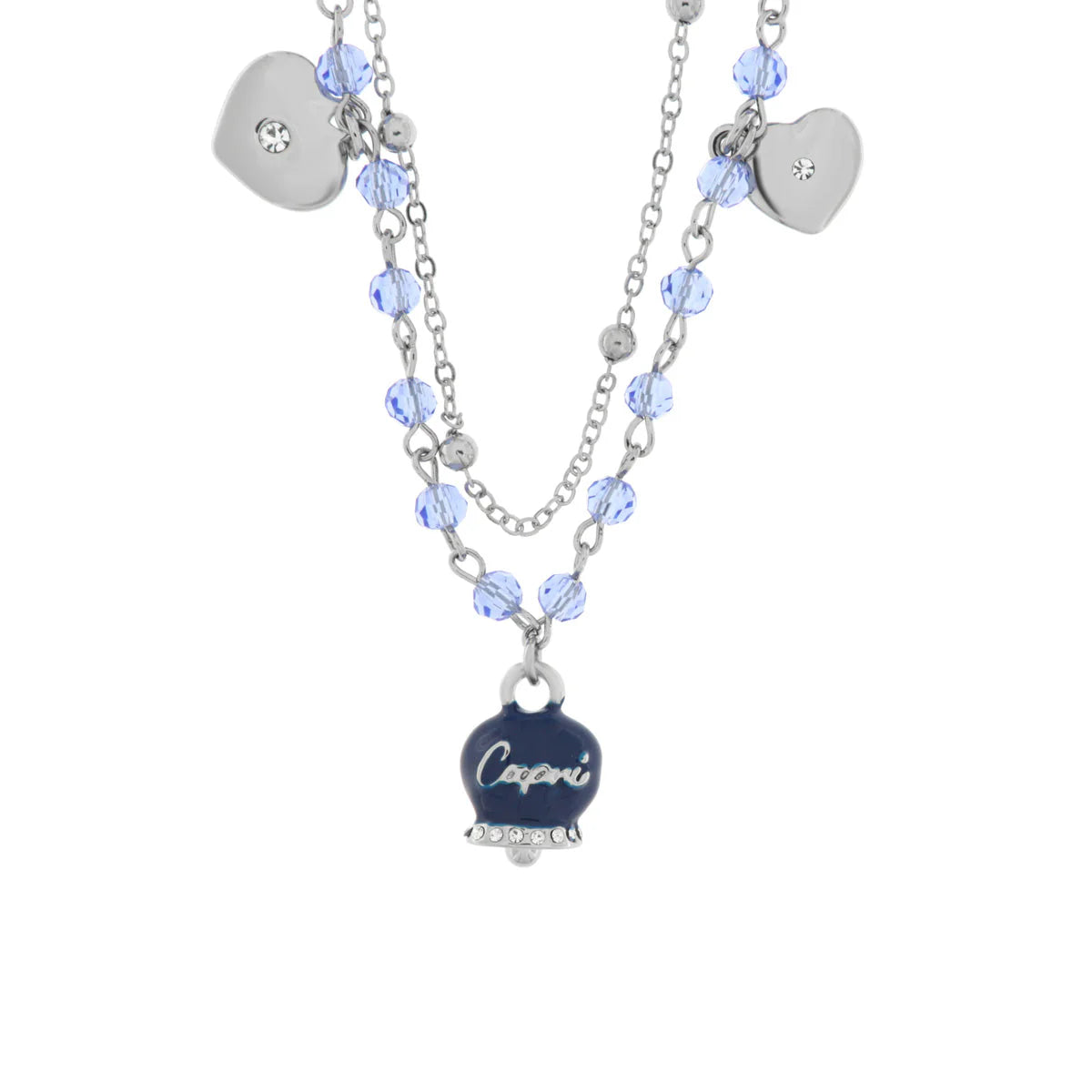 Amo Capri - Collana in Metallo con campanella smaltata blu e perline