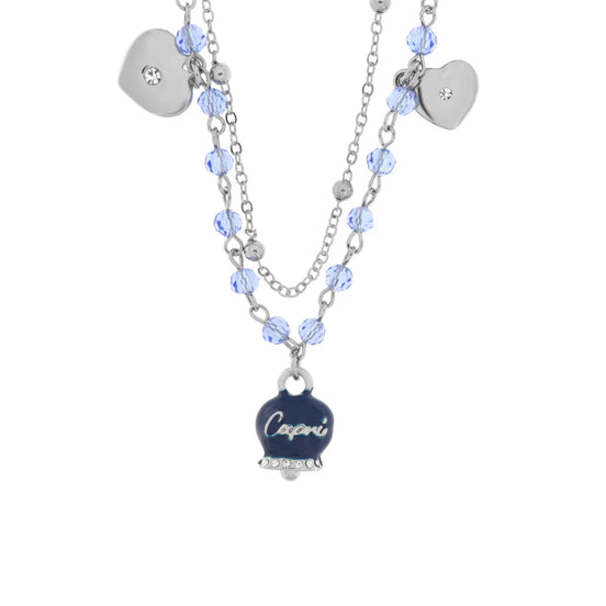 Amo Capri - Collana in Metallo con campanella smaltata blu e perline