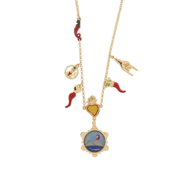 AMO NAPOLI - Collana in Metallo con cornetti, cuore sacro, corna e Vesuvio