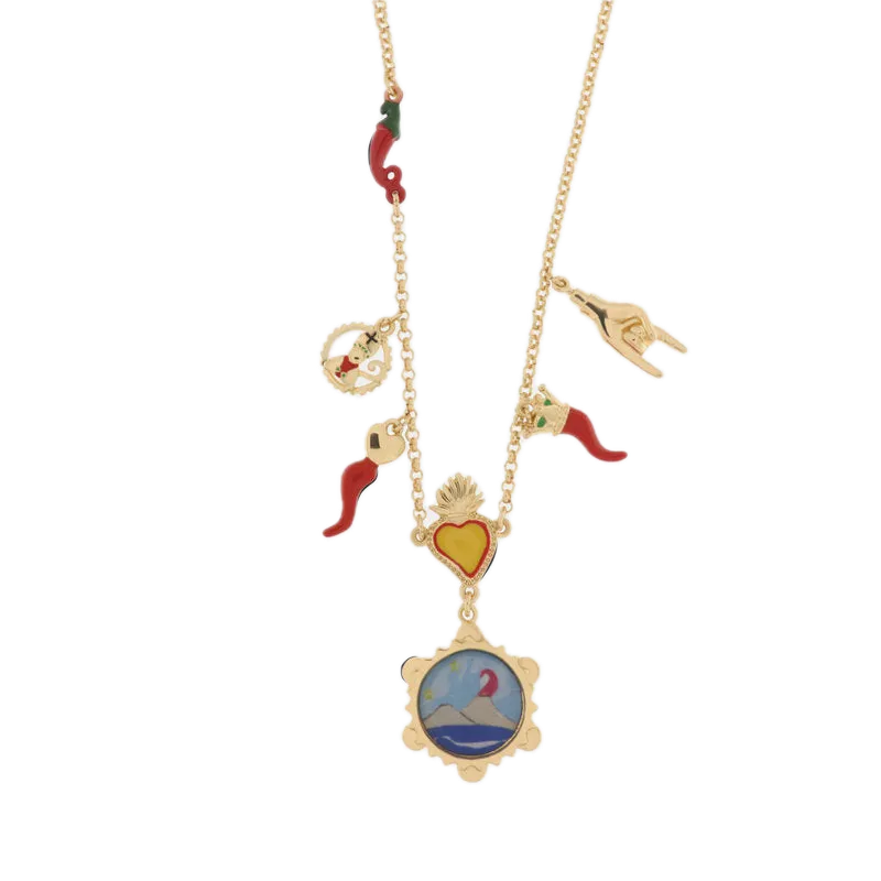 AMO NAPOLI - Collana in Metallo con cornetti, cuore sacro, corna e Vesuvio