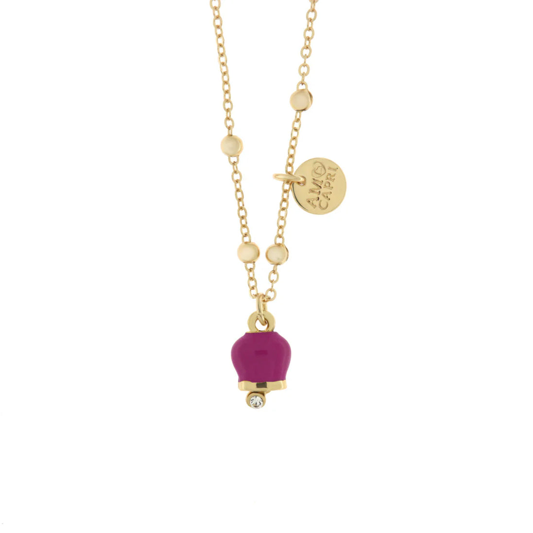 Amo Capri - Collana in Metallo con campanella portafortuna pendente, impreziosita da smalto e cristalli