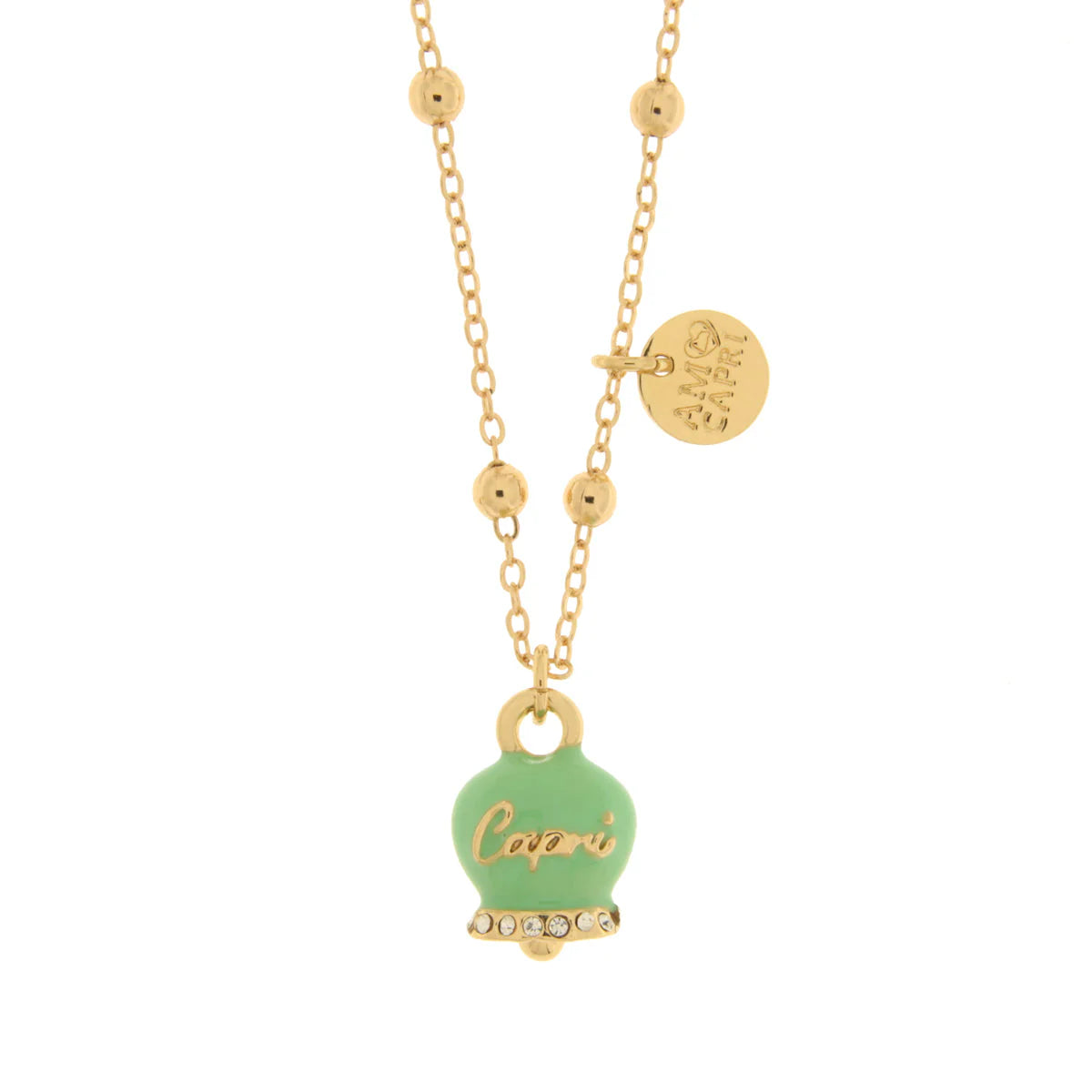 Amo Capri - Collana in Metallo con campanella verde acqua scritta capri
