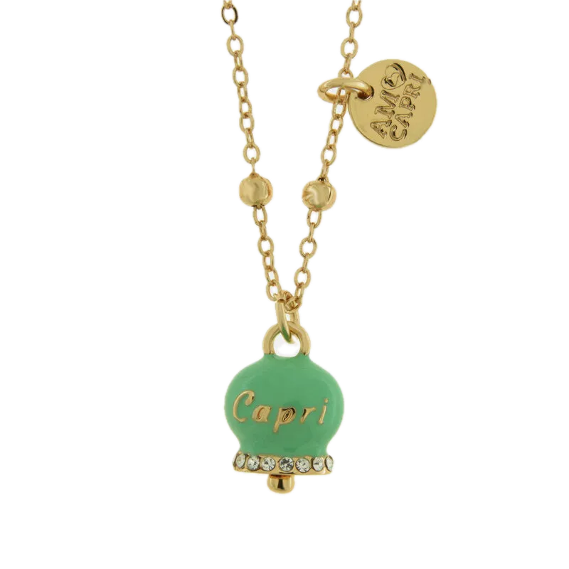 Amo Capri - Collana in Metallo con campanella portafortuna verde menta e cristalli