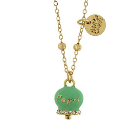 Amo Capri - Collana in Metallo con campanella portafortuna verde menta e cristalli