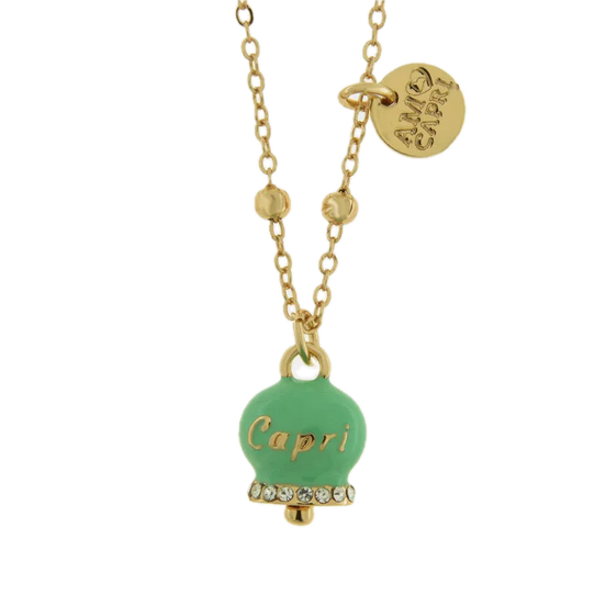 Amo Capri - Collana in Metallo con campanella portafortuna verde menta e cristalli