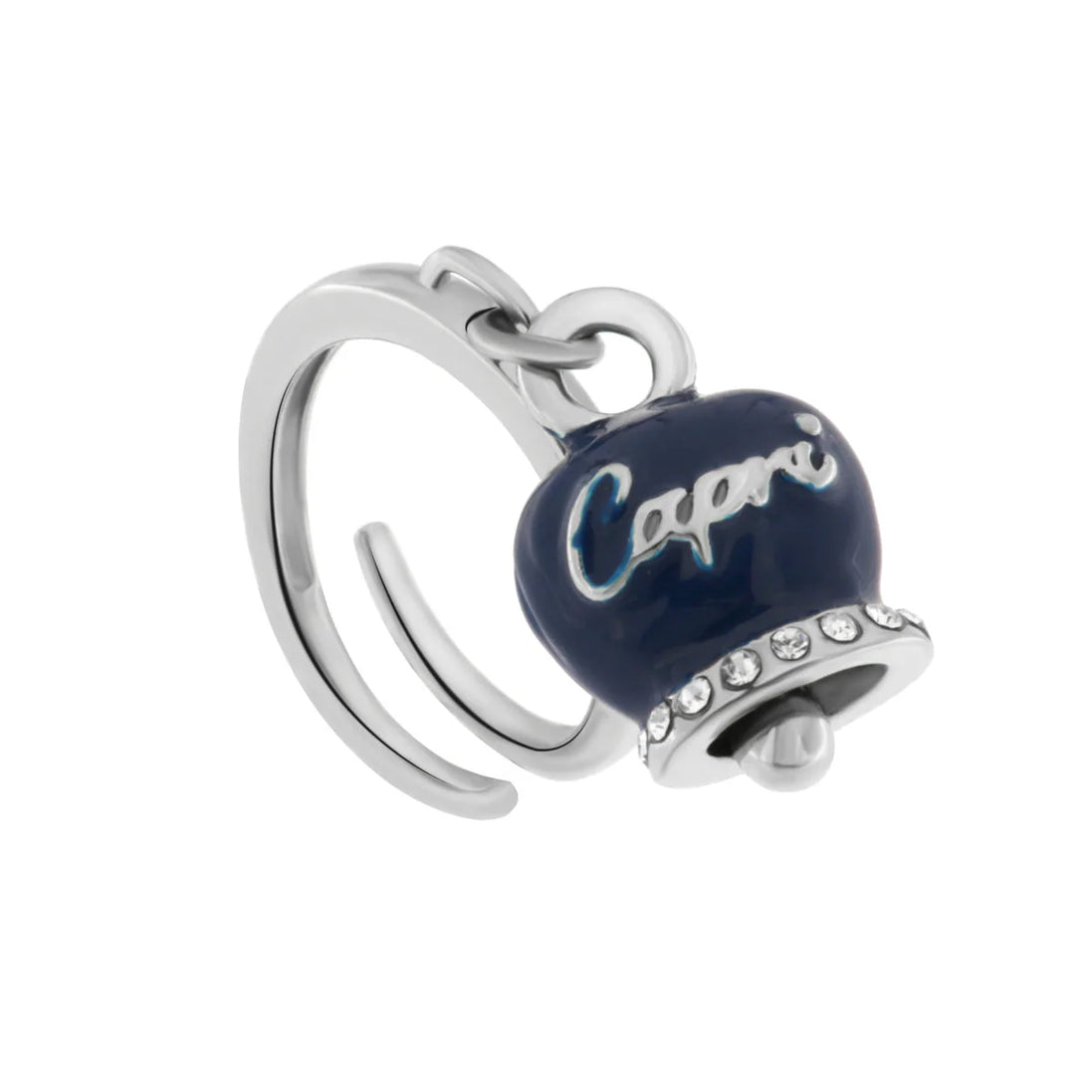 Amo Capri - Anello in Metallo con campanella portafortuna pendente impreziosita da smalto blu e cristalli
