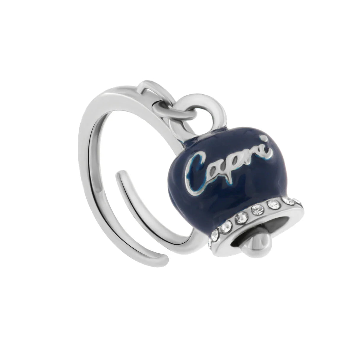 Amo Capri - Anello in Metallo con campanella portafortuna pendente impreziosita da smalto blu e cristalli