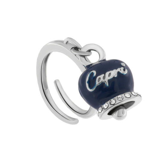 Amo Capri - Anello in Metallo con campanella portafortuna pendente impreziosita da smalto blu e cristalli