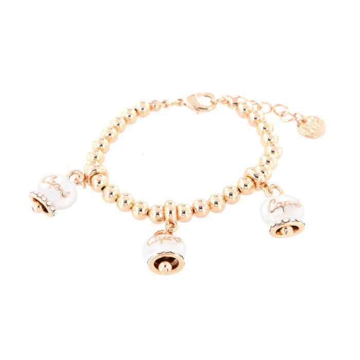 Amo Capri - Bracciale in Metallo maglia a sfere, con tre campanelle portafortuna smaltate bianche e cristalli